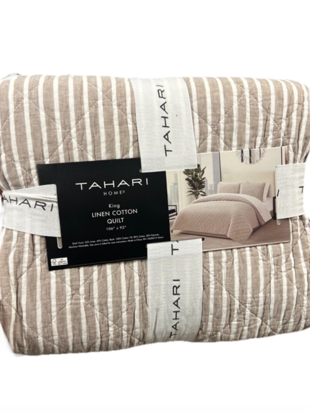 Tahari Tan and White Linen Cotton Blend Quilt 106”x92”